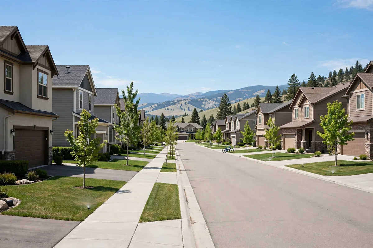 Family subdivision street with tidy two-story homes in Brandywine, Broomfield, Colorado