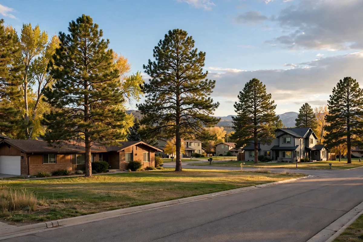 Street with larger lots and a mix of ranch and two-story homes in Country Estates, Broomfield, Colorado
