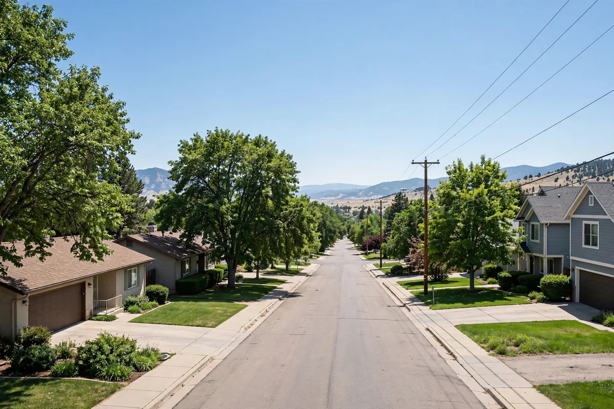 Established residential street with mature trees in the Donelson area of south Broomfield, Colorado