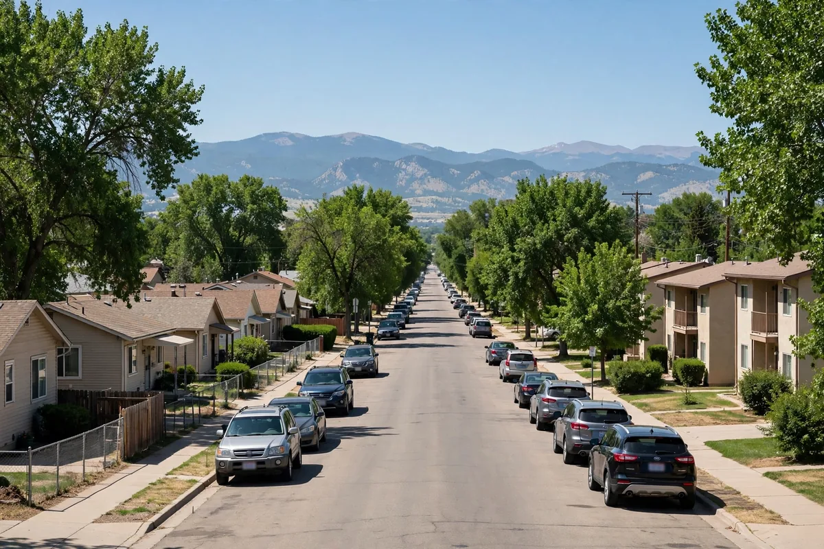 Dense residential street with modest homes in Federal Heights, Colorado