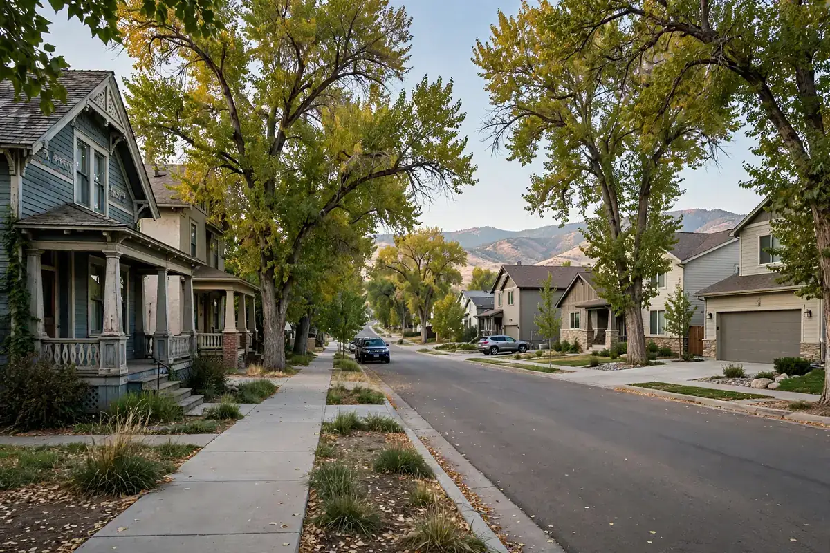 Established residential street mixing older and newer homes in Lafayette, Colorado