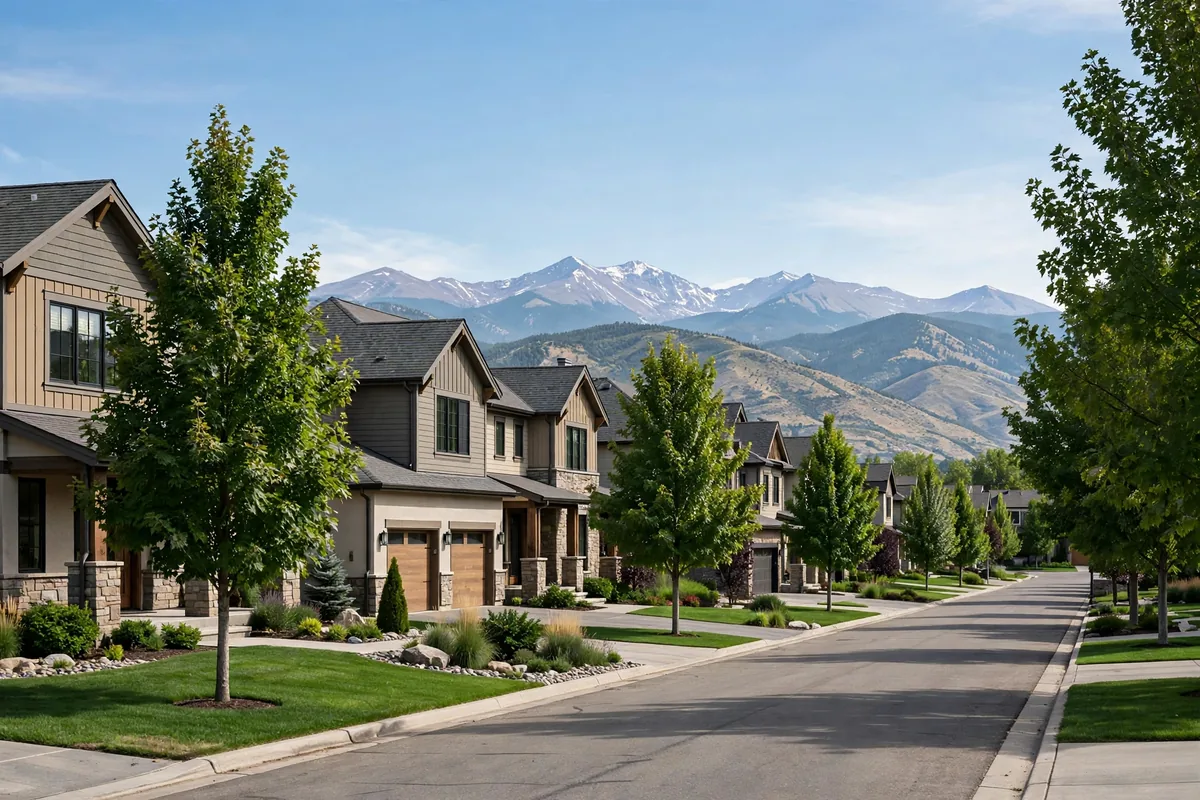 Upscale homes with manicured lawns on a quiet street in Louisville, Colorado