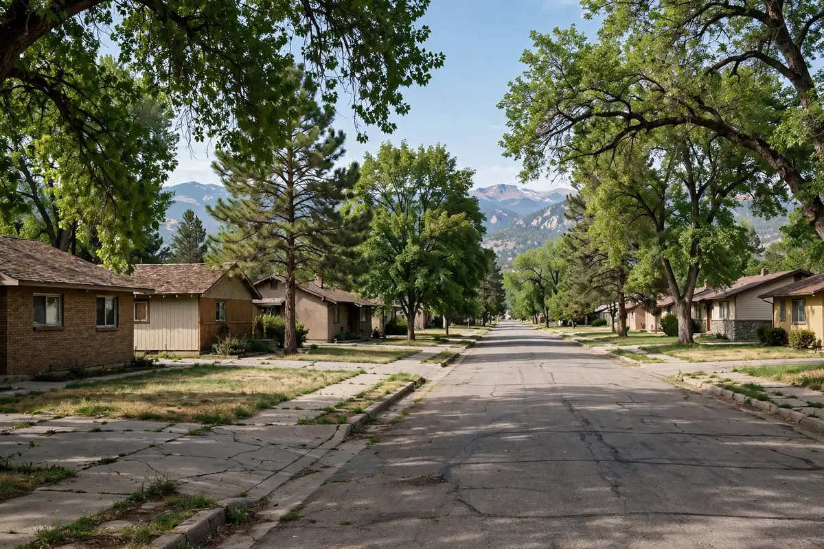 Older single-story homes on a tree-lined street in Original Broomfield, Colorado