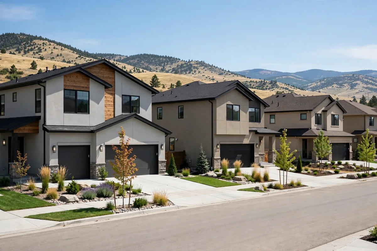Newer upscale suburban homes with landscaped yards in Superior, Colorado
