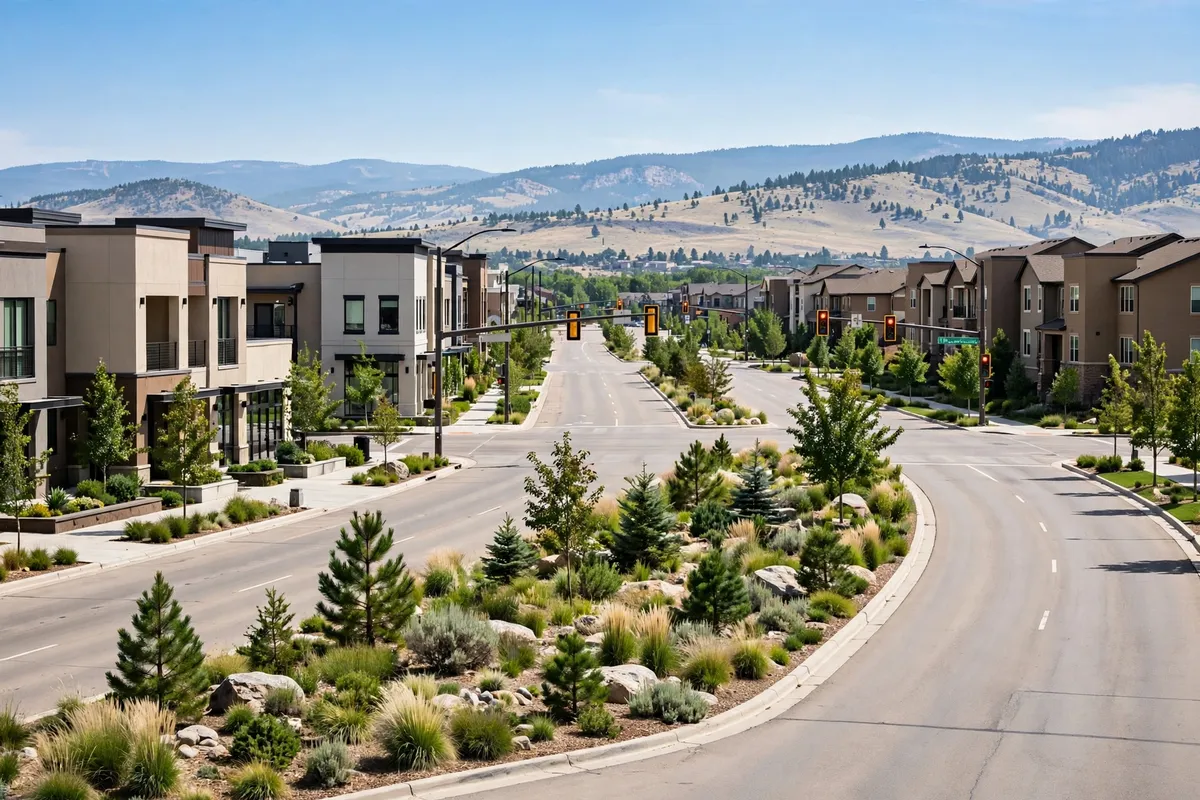 Broad suburban streetscape in Westminster, CO with foothills in the distance