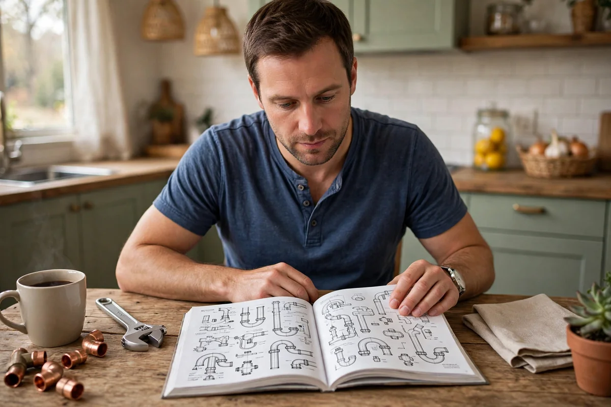 Homeowner reading a plumbing guide at a kitchen table