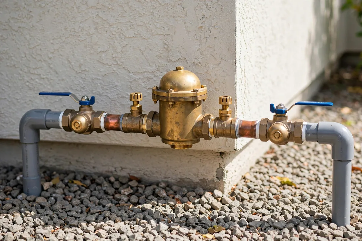 Brass backflow preventer installed on an outdoor irrigation line
