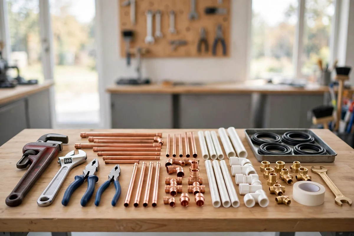 Plumbing tools and pipes arranged on a workbench