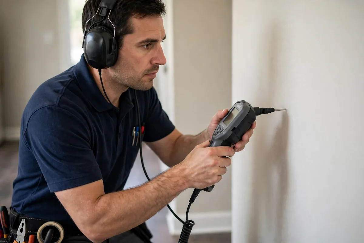 Technician using acoustic leak detection equipment and headphones against a home wall