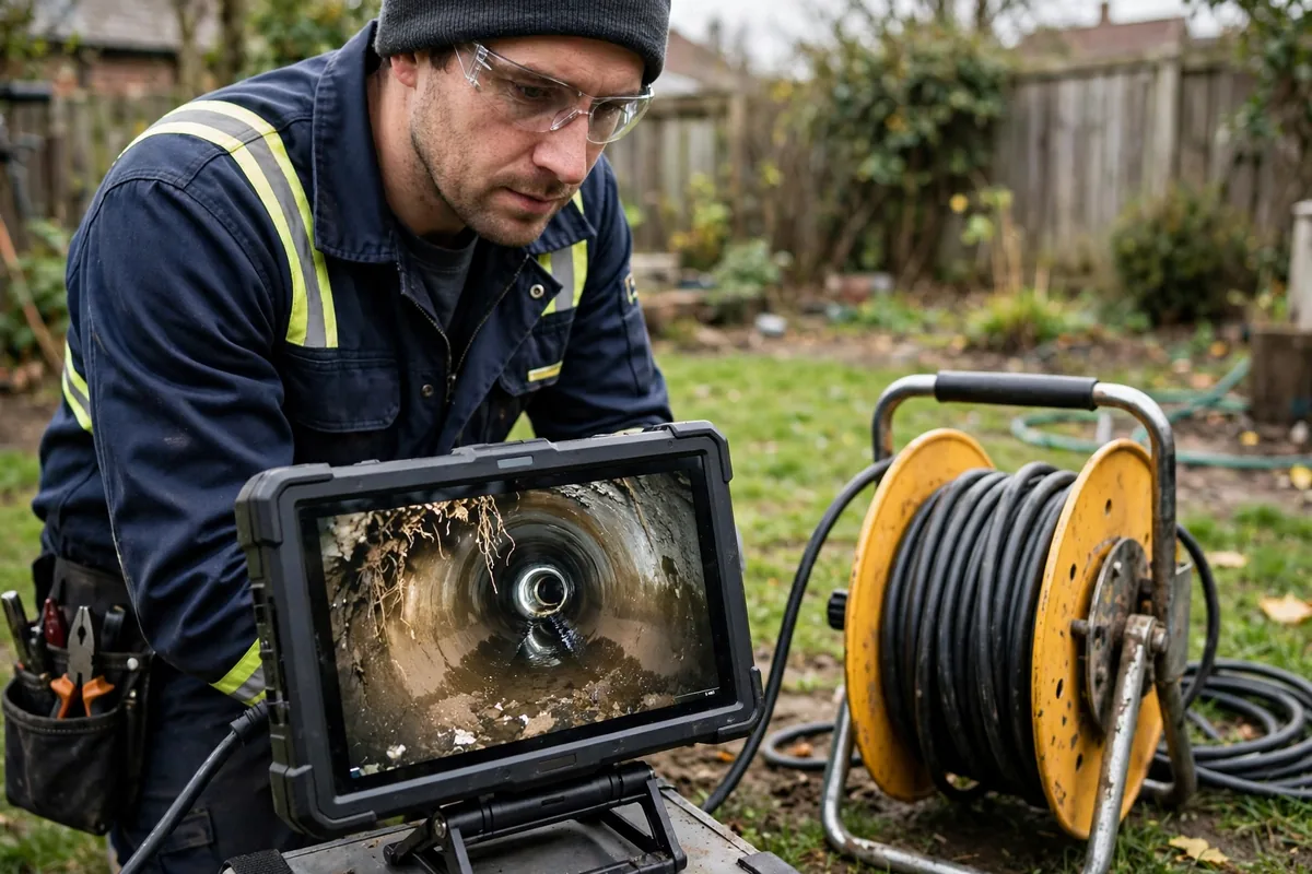 Technician watching a monitor showing the inside of a sewer pipe during a camera inspection