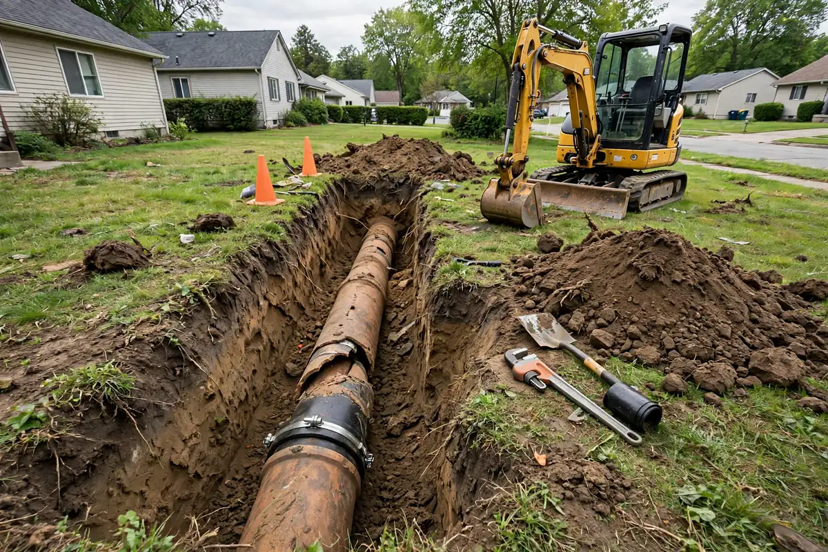 Excavated sewer line being repaired in a suburban front yard