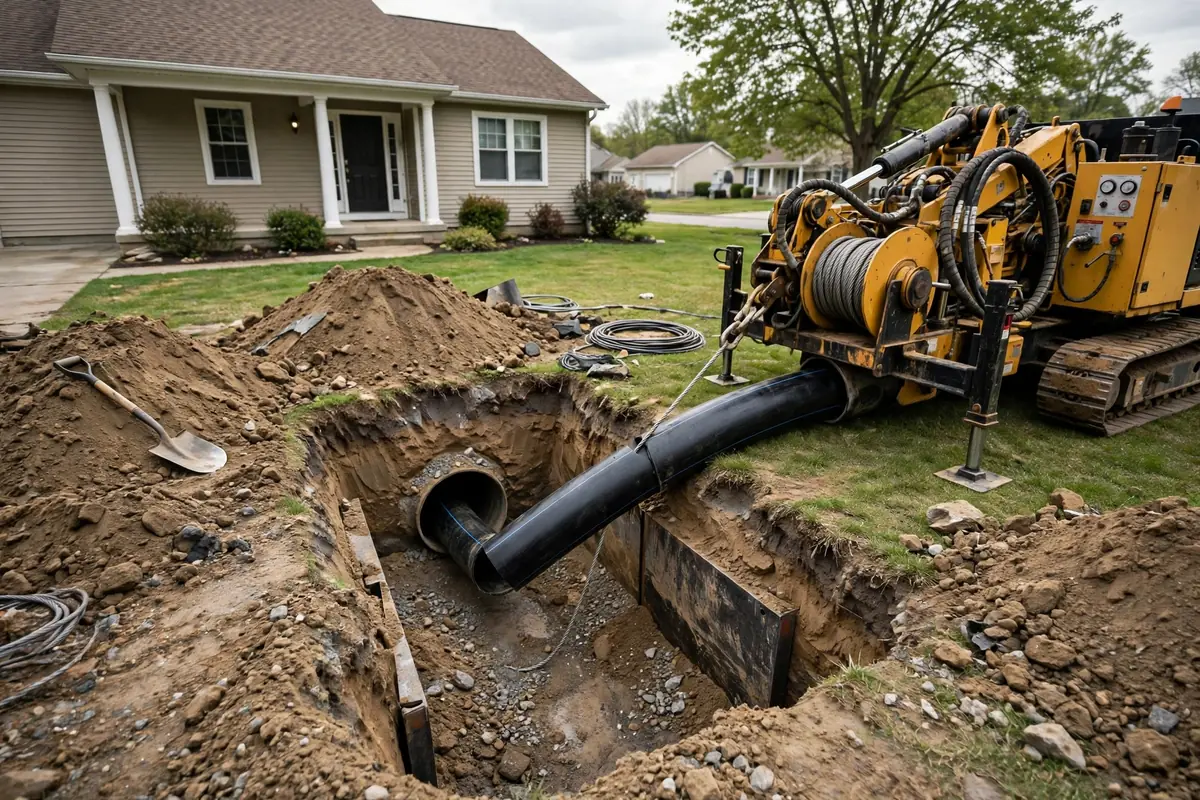 Trenchless pipe bursting equipment installing a new sewer pipe at a suburban home
