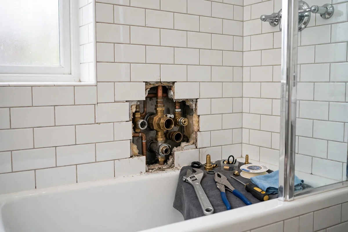 A shower valve being repaired inside a tiled shower wall