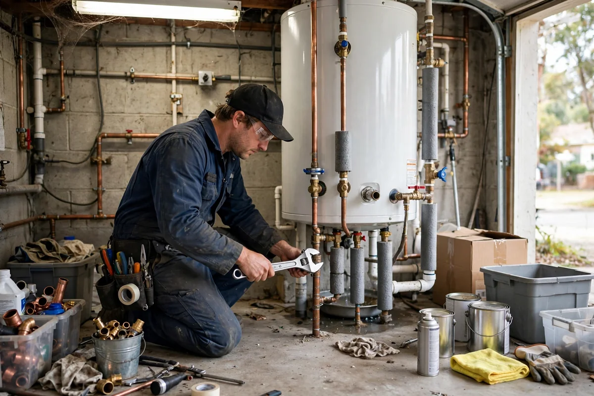 Technician repairing a tank water heater with a wrench in a residential utility area